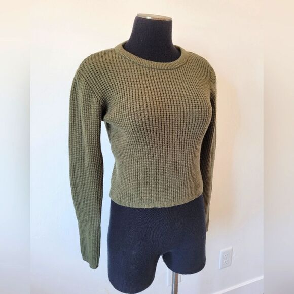 Poof Waffle Knit Pullover Shirt Thick Knit Olive Army Green Cropped Soft Girl M - Picture 1 of 9